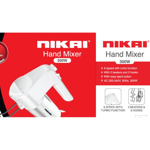 Nikai Hand Mixer 300W 6 Speed + Turbo 2 Attachments With Power Cord Storage Beaters &Amp; Hooks 2Pcs Nh787T2