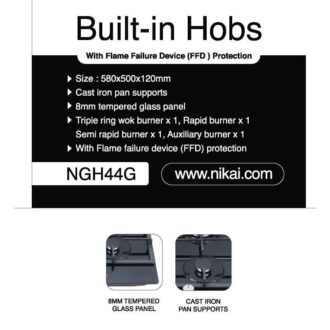 Nikai Gas Built In Hob Cast Iron Pan Support 4 Gas Burner with FFD Projector and Auto Ignition 58x50x12cm 8MM Tempered  Glass NGH44G