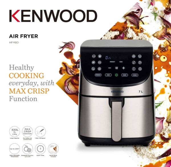 Kenwood Digital Air Fryer XXXL 7L 2.8KG 1800W with Max Crisp Function Recipe Book Rapid Hot Air Circulation for Frying Grilling Broiling Roasting Baking and Toasting HFM80.000SS