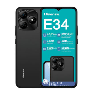 Hisense Mobile Phone E34 4G Dual Sim 64GB - Black , 6.52-inch IPS TFT screen , Resolution: 1600 x 720 pixels , USB Type-C port , Android 14
