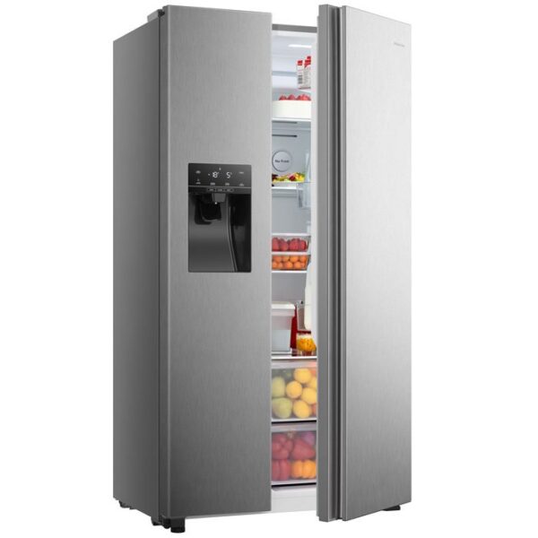 Hisense Refrigerator 474L Side By Side Door, Water Dispenser, Ice Maker, No Frost, Multi Airflow, Touch Electronic Control, Led Lighting, Water Tank, Super Freeze, Stainless Steel H690Ss-Idl
