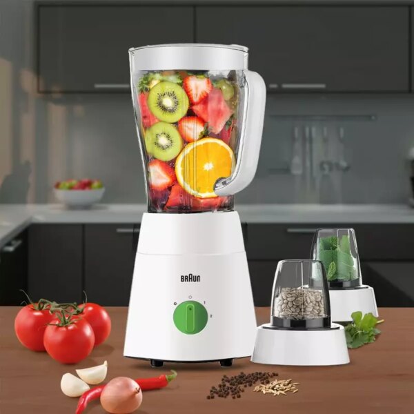 Braun Blender 1.5L 500w Mill & Chopper PowerBlend Triangular Plastic  Jug, 2 Speed, Ice Crushing Function, Stainless Steel Blades JB0123WH