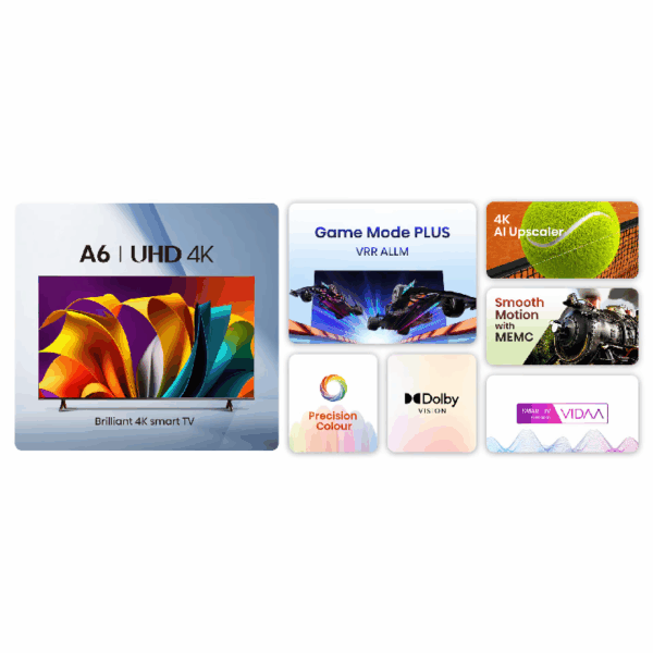 Hisense 58" LED UHD 4K Smart TV with Dolby Vision, 4K AI Upscaler, Game Mode PLUS, Voice Control, Precision Colour, VIDAA 58A6N