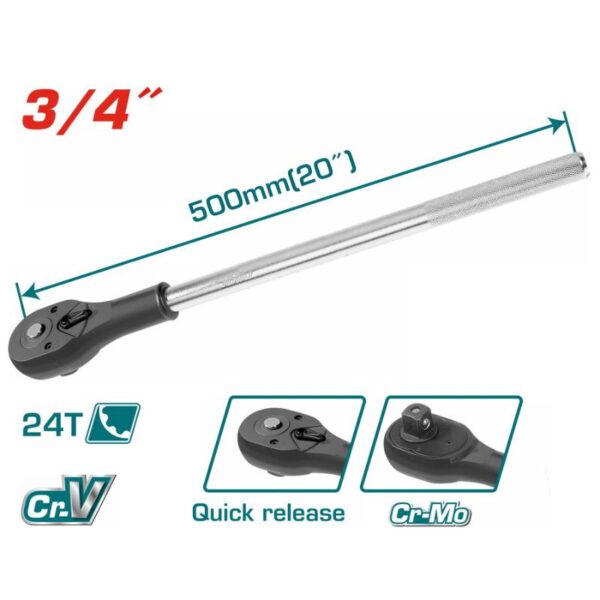 Total Ratchet Wrench 3/4&Quot; 500Mm With 24 Teeth, Chromed Plated Tht106346