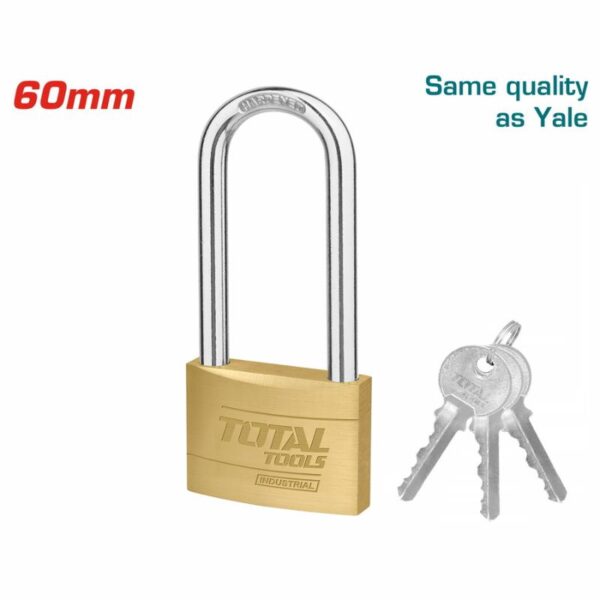 Total Brass Padlock Heavy Duty Long Shackle 60Mm, Solid Brass Cylinder With Pins, 3Pcs Brass Keys Tlk32602L