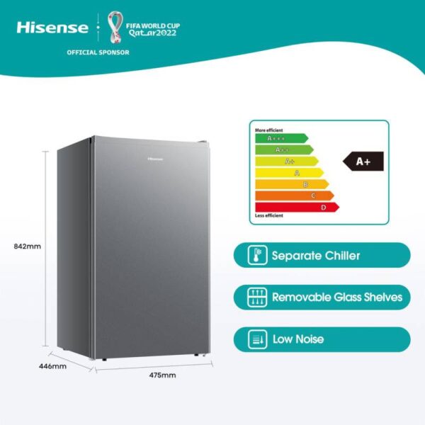 Hisense Refrigerator 90L Single Door, Separate Chiller, Removeable Glass Shelves, Low Noise, Energy Saving, Tempered Glass, Reversible Door, Sealed Crisper, Titanium Silver H125Rts