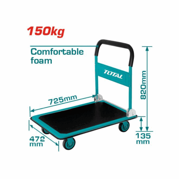 Total Foldable Platform Hand Truck 150Kgs 725X472Mm With Steel Handle, 4&Quot;Pu Wheel, Non-Slip Pvc Mat Ththp11502