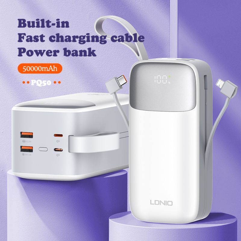 Ldnio Power Bank Fast Charging 20W, Built In USB-C/Lightning Cables, 50000mAh Supper Big Capacity, High Quality Battery QC 3.0 PQ50