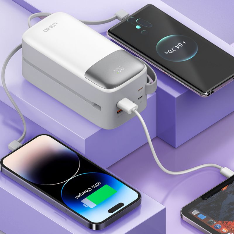 Ldnio Power Bank Fast Charging 20W, Built In USB-C/Lightning Cables, 50000mAh Supper Big Capacity, High Quality Battery QC 3.0 PQ50
