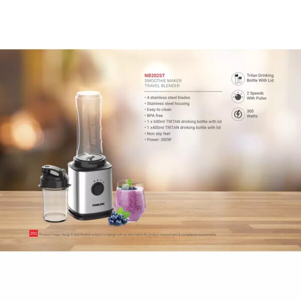 Nikai Blender Smoothie Maker With 600Ml Tritan Bottle And 400Ml Tritan Bottle 300W Nb202St 4 Stainless Steel Blades And Housing Tritan Drinking Bottle With Lid 2 Speed With Pulse
