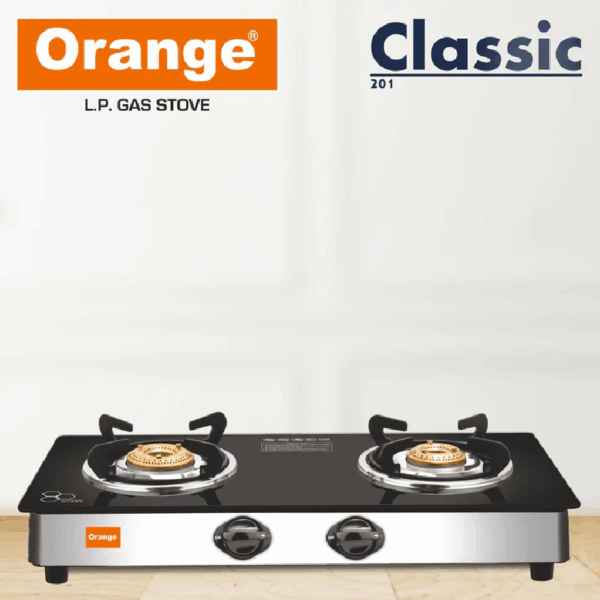 Orange Gas Stove Neo 201 With 2 Burner, Toughened Glass Top Olpg230