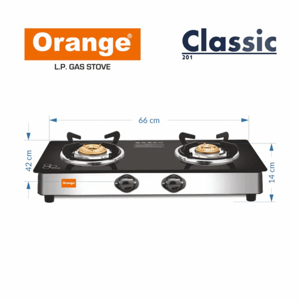 Orange Gas Stove Neo 201 With 2 Burner, Toughened Glass Top Olpg230