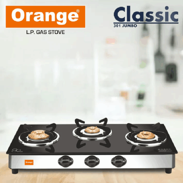 Orange Gas Stove Elegant 301 With 3 Burner, Toughened Glass Top Olpg275