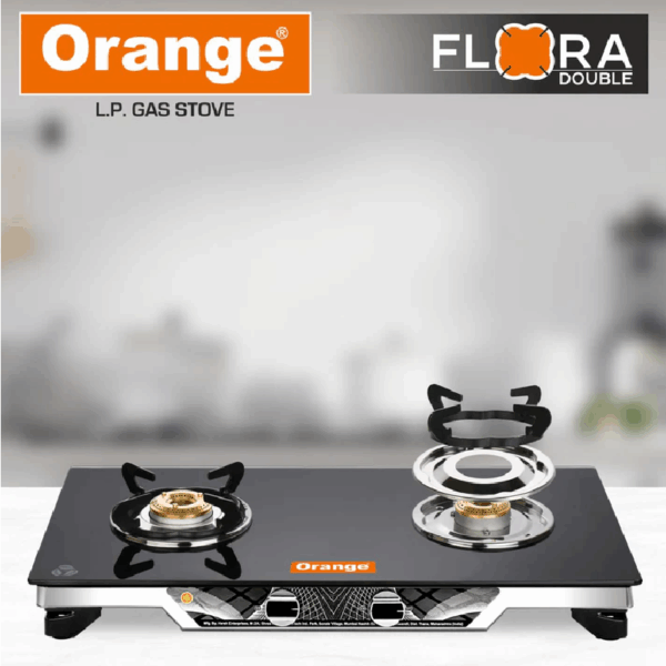 Orange Gas Stove Flora 201 With 2 Burner, Toughened Glass Top Olpg249