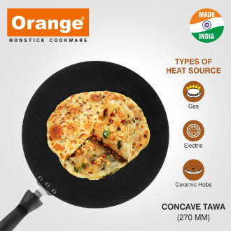 Orange Non-Stick Concave Tawa 27cm 3.2mm with Sturdy Handle ONSC049