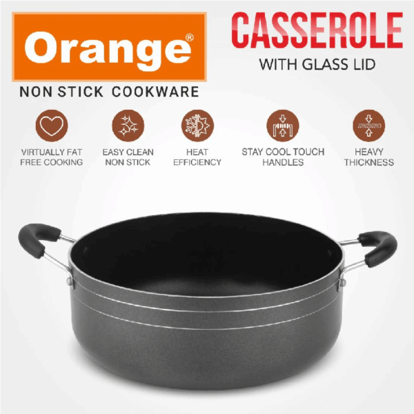 Orange Cook &Amp; Serve Non-Stick Casserole 26Cm 4.5L With Glass Lid Onsc037
