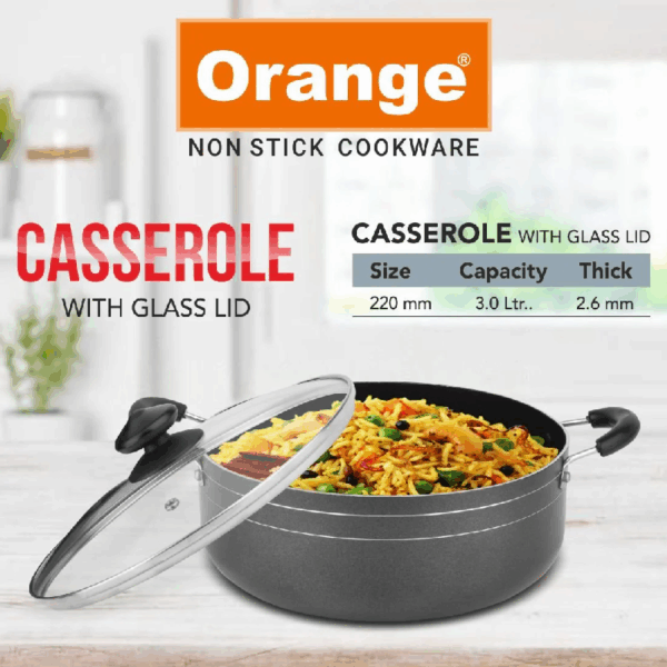 Orange Cook &Amp; Serve Non-Stick Casserole 22Cm 3L With Glass Lid Onsc035