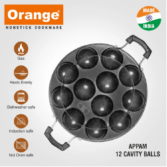 Orange Round Appam Vitumbua Kadai, Non-Stick with Glass Lid, 12 Cavity Grill ONSC076