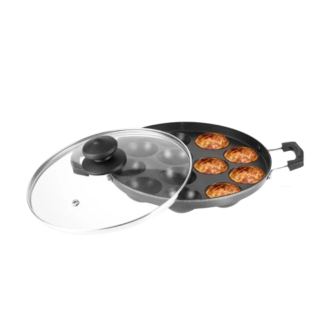 Orange Round Appam Vitumbua Kadai, Non-Stick with Glass Lid, 12 Cavity Grill ONSC076