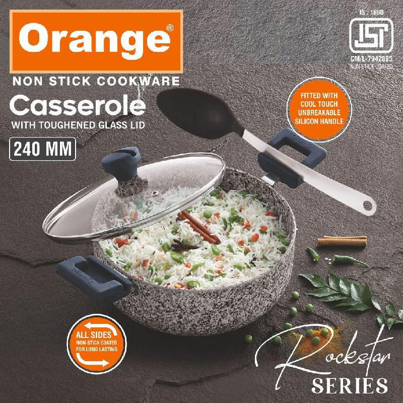 Orange Casserole Stone Finish Nonstick 24cm with Toughened Glass Lid Rockstar Series ONSC403