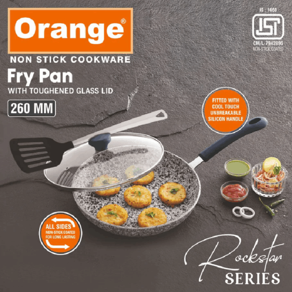 Orange Non-Stick Fry Pan Stone Finish 26Cm With Glass Lid Rockstar Series Onsc536