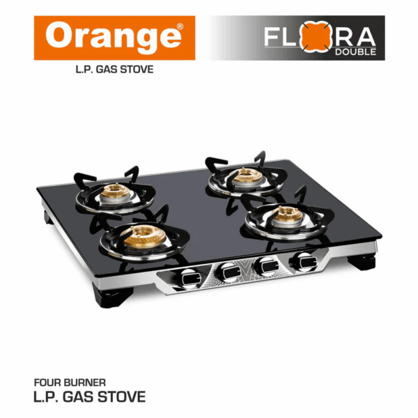 Orange Gas Stove Flora 401 With 4 Burner, Toughened Glass Top Olpg251