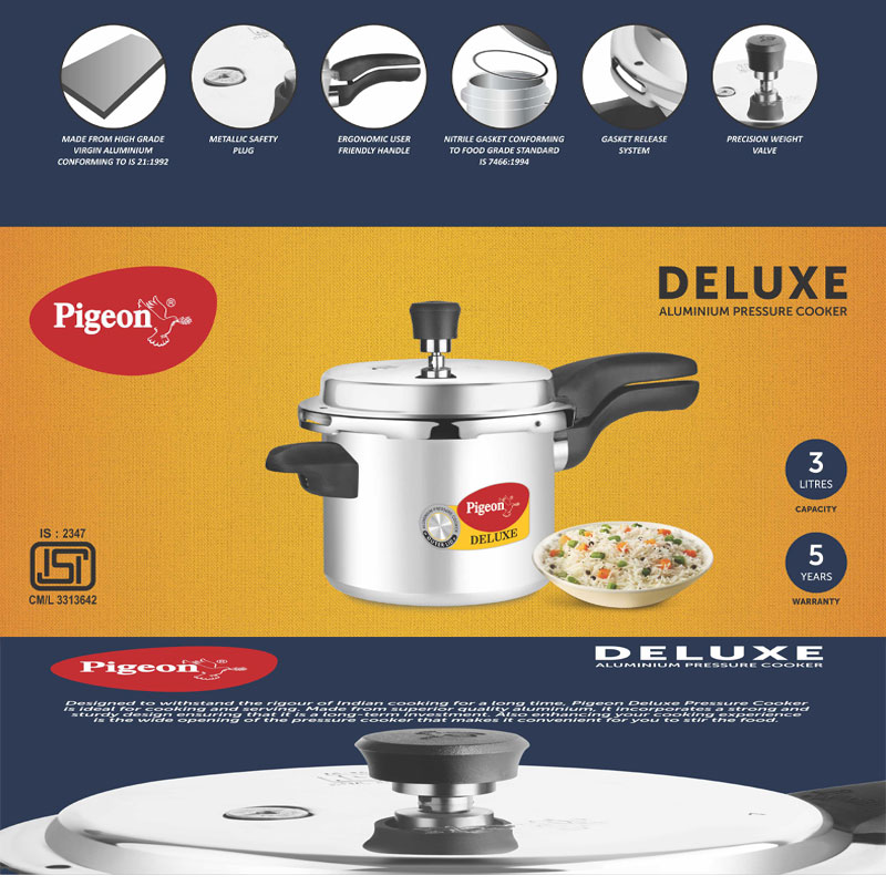 Pigeon Pressure Cooker 3L Deluxe Outer Lid Aluminium Sap 102 - Ergonomic Sturdy Handle Thermal Efficiency Special Alloy Safety Plug 14 Pigeon Pressure Cooker 3L Deluxe Outer Lid Aluminium Sap 102 - Ergonomic Sturdy Handle Thermal Efficiency Special Alloy Safety Plug