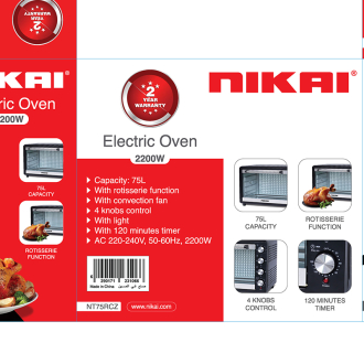 Nikai Oven Electric 40l with Rosting Function 3 Knobs Control 1500w NT40RZ 60 Mins Timer Stainless Steel Heating Elements Inner Light Single Glass Panel