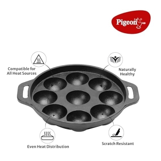 Pigeon Kitumbua Nonstick Paniyarakkal 9 Round  - 4 Mm Thickness Sturdy Cool Touch Handle Metal Spoon Friendly Sap 16273