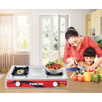 Nikai Gas Cooker 2 Burner Steel NG842 Stainless Steel Auto Ignition System Blue Flame