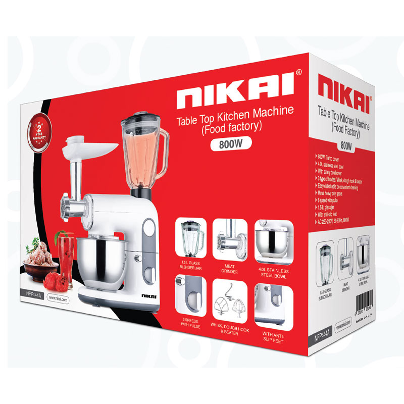 Nikai Kitchen Machine 4L 3 In 1 Blender Mincer And Mixer 800W Nfp444A Stainless Steel Bowl With Cover Metal Gear 3 Blades Whisk, Dough Hook &Amp; Beater 6 Speed With Pulse 4 Nikai Kitchen Machine 4L 3 In 1 Blender Mincer And Mixer 800W Nfp444A Stainless Steel Bowl With Cover Metal Gear 3 Blades Whisk, Dough Hook &Amp; Beater 6 Speed With Pulse