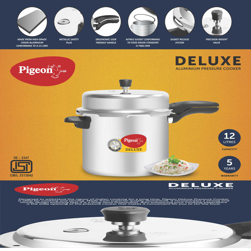 Pigeon Pressure Cooker 12L Deluxe Outer Lid Aluminium Sap 106 - Ergonomic Sturdy Handle Thermal Efficiency Special Alloy Safety Plug 14 Pigeon Pressure Cooker 12L Deluxe Outer Lid Aluminium Sap 106 - Ergonomic Sturdy Handle Thermal Efficiency Special Alloy Safety Plug