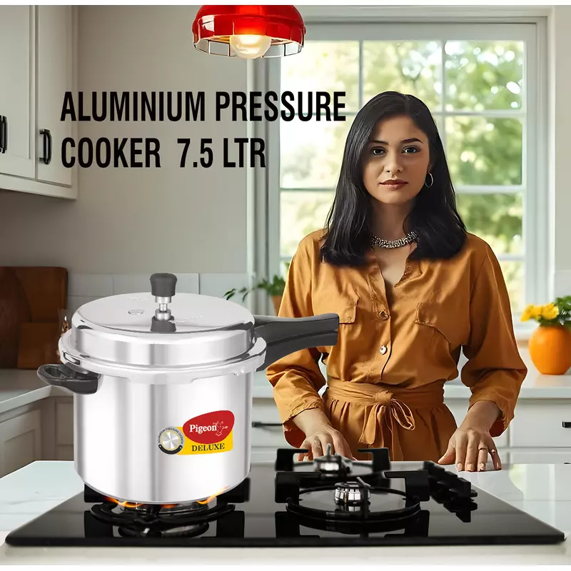 Pigeon Pressure Cooker 7.5L Deluxe Outer Lid Aluminium Sap 104 - Ergonomic Sturdy Handle Thermal Efficiency Special Alloy Safety Plug 16 Pigeon Pressure Cooker 7.5L Deluxe Outer Lid Aluminium Sap 104 - Ergonomic Sturdy Handle Thermal Efficiency Special Alloy Safety Plug
