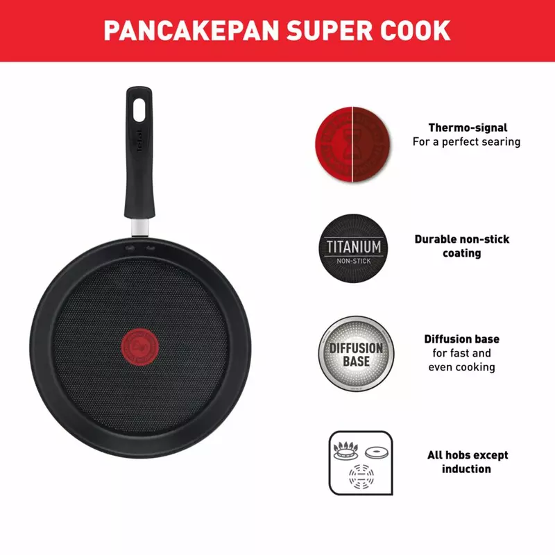 Tefal Super Cook Pancake Pan 25Cm Non Electric B4593885 Aluminium Material Heat Indicator Thermo Signal Powerglide Coating Made In France 2 Tefal Super Cook Pancake Pan 25Cm Non Electric B4593885 Aluminium Material Heat Indicator Thermo Signal Powerglide Coating Made In France