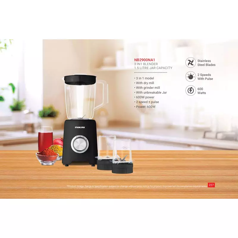 Nikai Blender 1.5L With Dry Grinder 350W Nb2900Na1 3 Plastic Jars Unbreakable Jar Stainless Steel Blades 2 Speed With Pulse 2 Nikai Blender 1.5L With Dry Grinder 350W Nb2900Na1 3 Plastic Jars Unbreakable Jar Stainless Steel Blades 2 Speed With Pulse