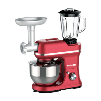 Nikai Kitchen Machine 5L 3 in 1 Blender Mincer and Mixer 1000W NFP555LDN4 Stainless Steel Bowl With Cover Metal Gear 3 Blades Whisk, Dough Hook & Beater 10 Speed