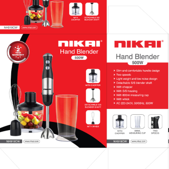 Nikai Hand Blender 600Ml With Chopper Stainless Steel Housing 500W NH919CW Detachable Stainless Steel Blender Shaft With Whisk 2 Speeds