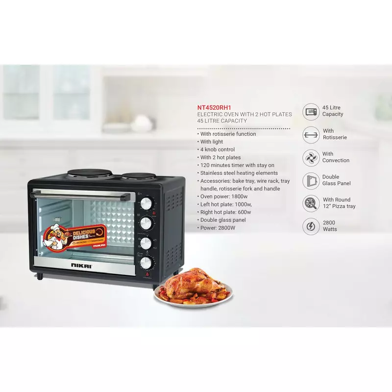 Nikai Oven Electric 45L With Rosting Function And 2 Hotplate Nt4520Rht 60 Mins Timer Stainless Steel Heating Elements Inner Light 3 Nikai Oven Electric 45L With Rosting Function And 2 Hotplate Nt4520Rht 60 Mins Timer Stainless Steel Heating Elements Inner Light