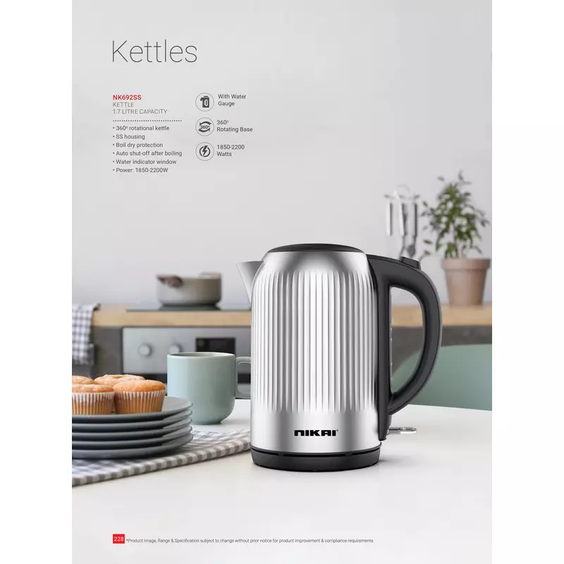 Nikai Jug Kettle 1.7L Steel With Water Guage 2200W Nk692Ss Automatic Shut Off Boil Dry Protection With Indicator Stainless Steel Housing 2 Nikai Jug Kettle 1.7L Steel With Water Guage 2200W Nk692Ss Automatic Shut Off Boil Dry Protection With Indicator Stainless Steel Housing