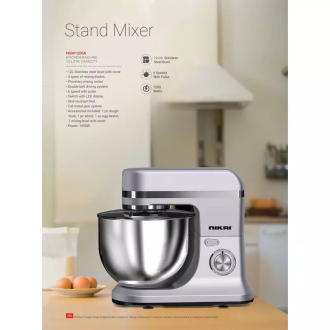 Nikai Kitchen Machine 12L Steel Bowl With Cover 1500W NSM1200A Switch With Led Display Metal Gear 3 Blades Whisk, Dough Hook & Beater 6 Speed With Pulse