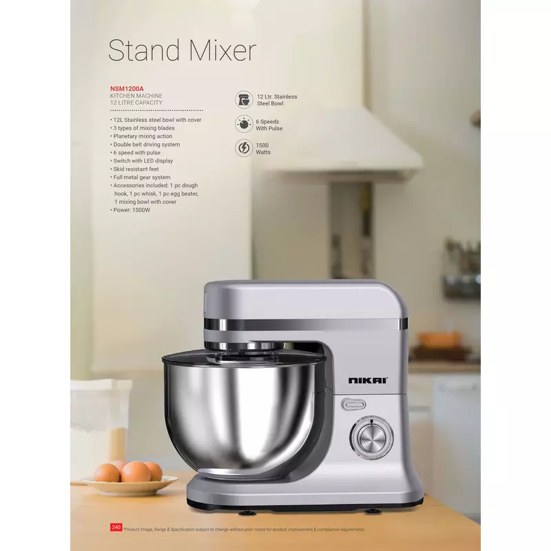 Nikai Kitchen Machine 12L Steel Bowl With Cover 1500W Nsm1200A Switch With Led Display Metal Gear 3 Blades Whisk, Dough Hook &Amp; Beater 6 Speed With Pulse 2 Nikai Kitchen Machine 12L Steel Bowl With Cover 1500W Nsm1200A Switch With Led Display Metal Gear 3 Blades Whisk, Dough Hook &Amp; Beater 6 Speed With Pulse