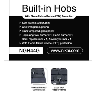 Nikai Gas Cooker 4 Burner Glass 8mm Tempered Built in Hob 580x500x120mm NGH44G Auto Ignition System Cast Iron Pan Supports Triple Ring Wok Burner‎