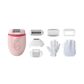 Philips Satinelle Essential Corded Compact Epilator with 7 Accessories, Exfoliation Glove & Carry Pouch, Opti-Light for Legs, Arms & Underarms BRE285
