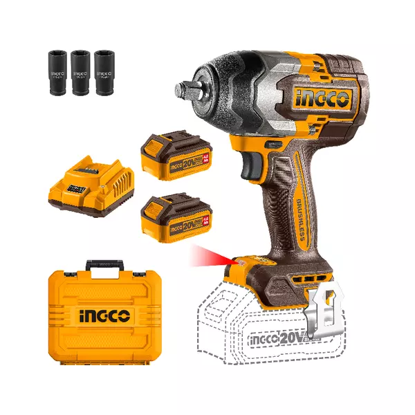 Ingco Cordless Impact Wrench 20V With Brushless Motor, Integrated Led Work Light, Battery &Amp; Charger Ciwli2085 1 Ingco Cordless Impact Wrench 20V With Brushless Motor, Integrated Led Work Light, Battery &Amp; Charger Ciwli2085