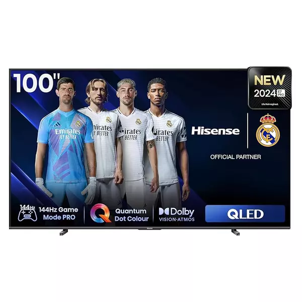 Hisense Qled Tv - 100-Inch, 144Hz Vrr, Full Local Dimming, Quantum Dot Color, Dolby Vision Atmos, Built-In Subwoofer, Voice Control, 100E7N Pro. 1 Hisense Qled Tv - 100-Inch, 144Hz Vrr, Full Local Dimming, Quantum Dot Color, Dolby Vision Atmos, Built-In Subwoofer, Voice Control, 100E7N Pro.