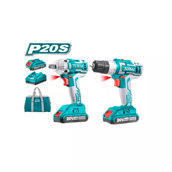 Total Drill Machine &Amp; Impact Wrench Cordless Li-Ion 2Pc Combo Kit Tckli2007