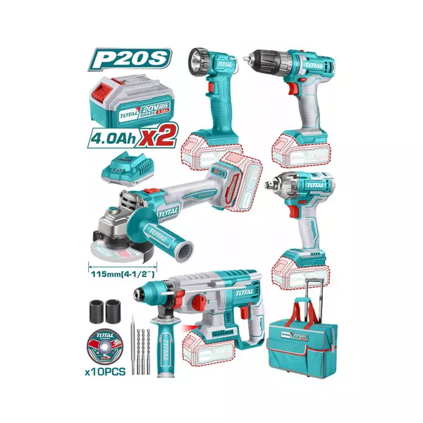 Total 5Pcs Industrial Combo Kit, Cordless Lithium-Ion 20V Tckli2019 1 Total 5Pcs Industrial Combo Kit, Cordless Lithium-Ion 20V Tckli2019